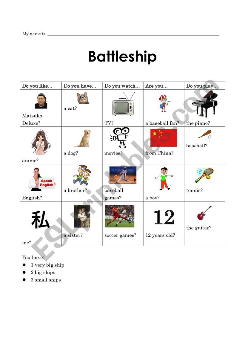 Battleship worksheet