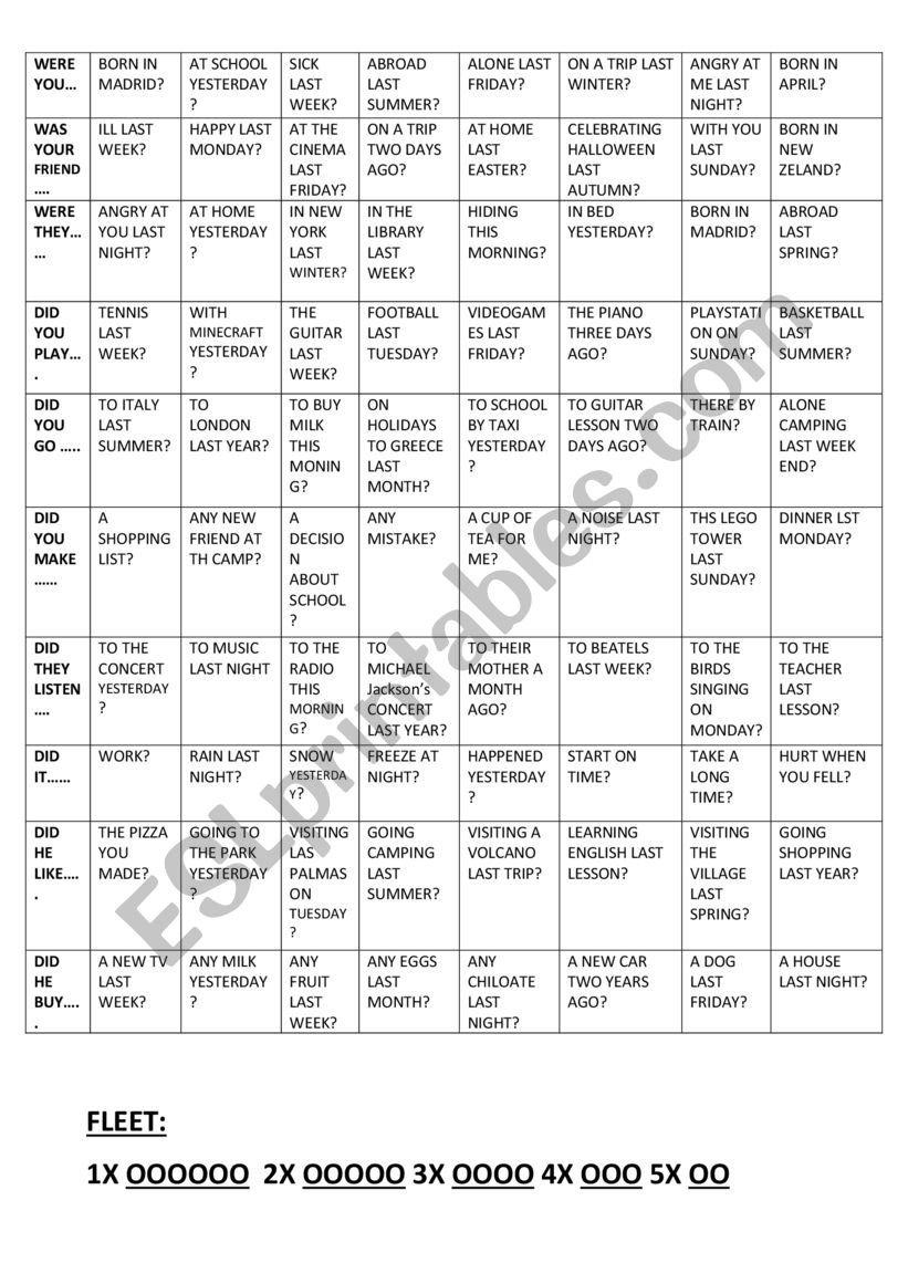 PAST SIMPLE BATTLE SHIP worksheet