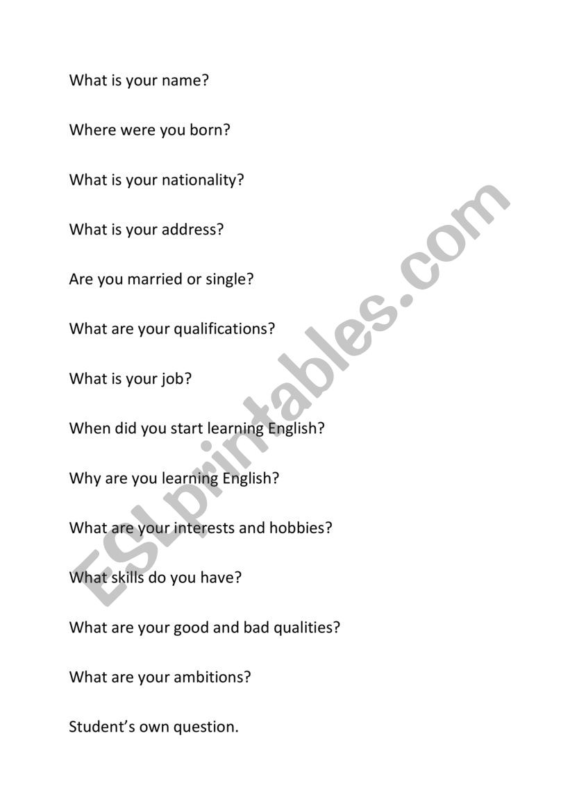 Asking Personal Questions worksheet