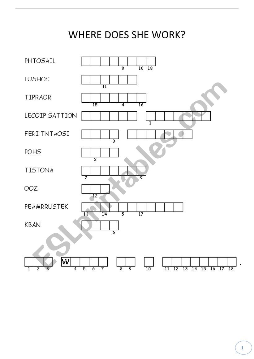 JOBS AND PLACES worksheet