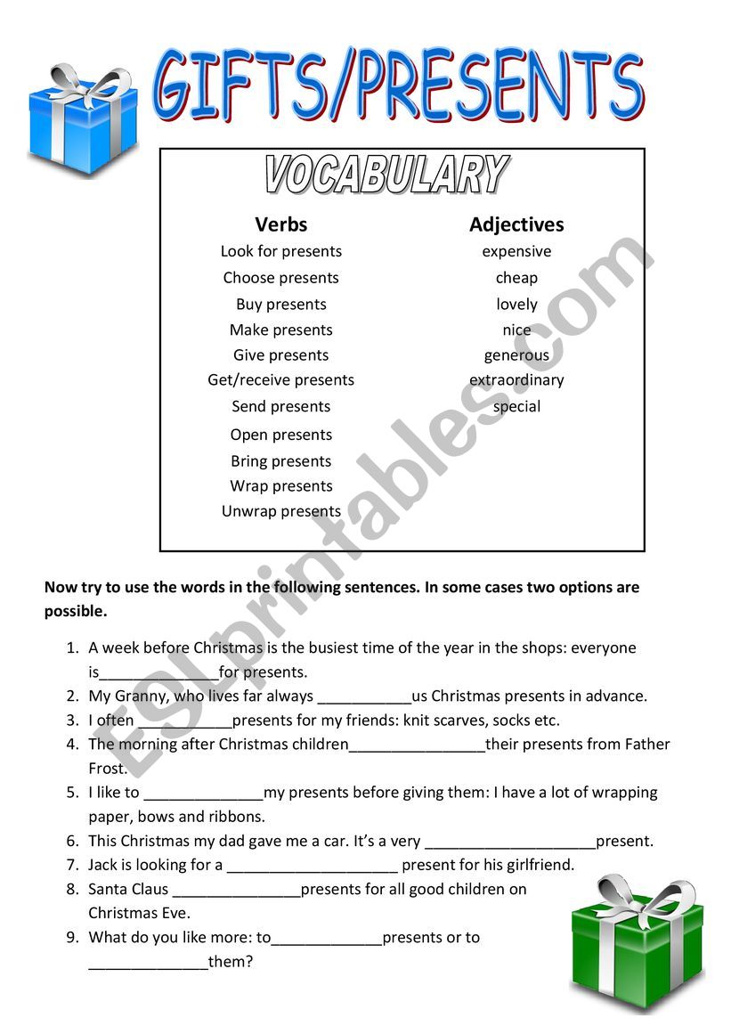 Presents - collocations worksheet