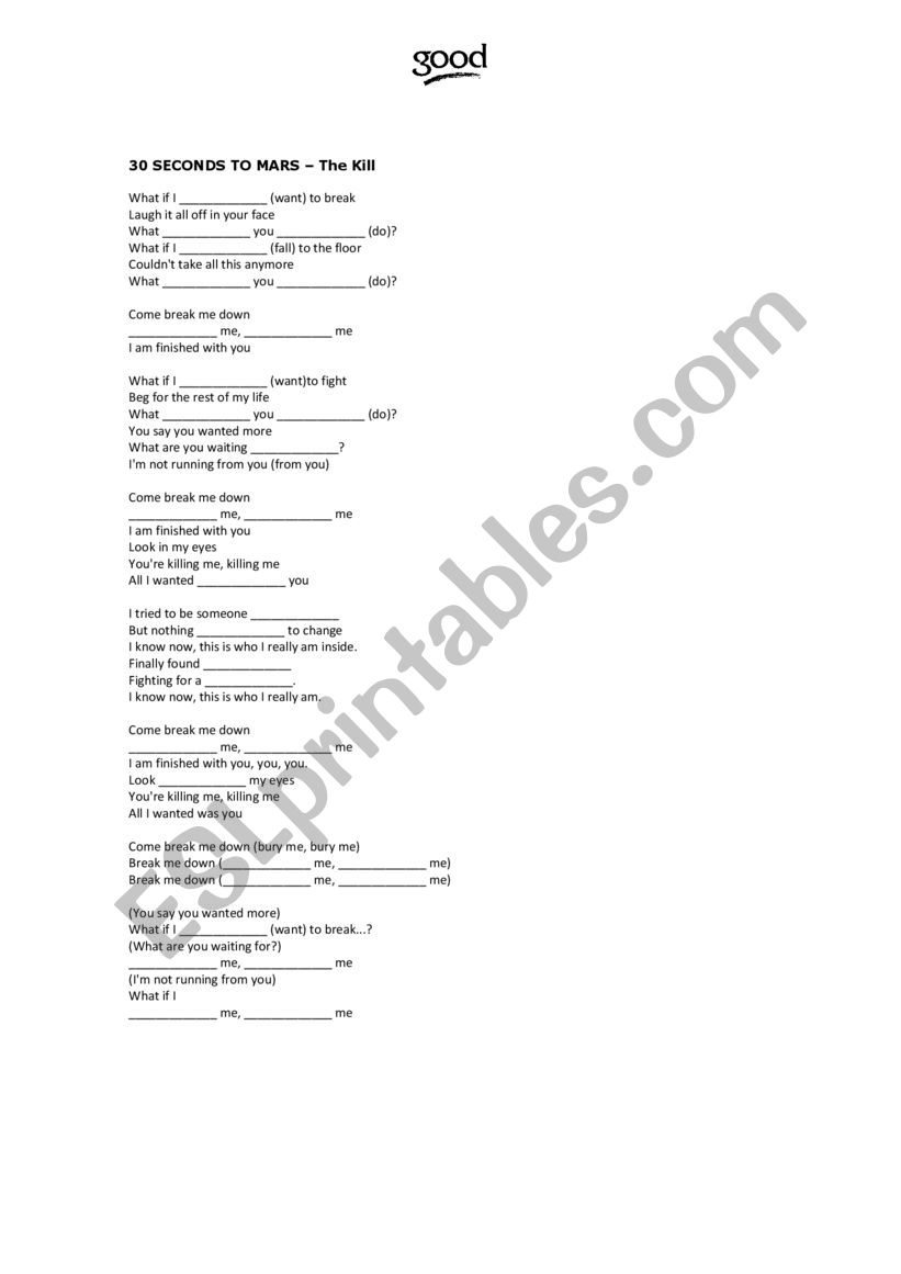 30 Seconds to Mars - The Kill worksheet