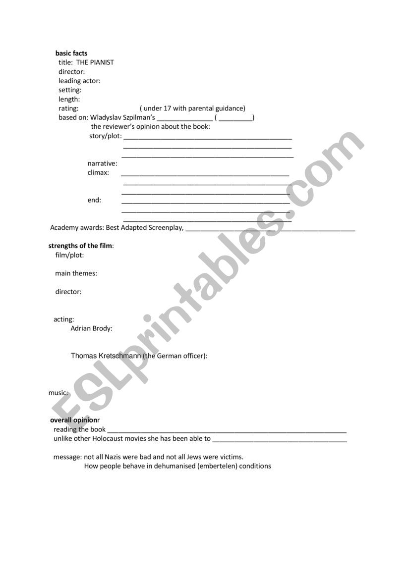 The Pianist  worksheet