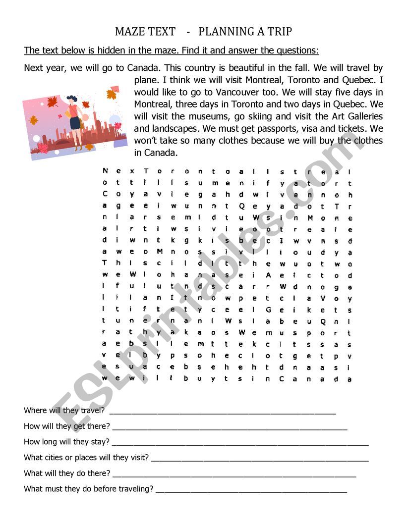 Text maze - planning a trip  worksheet