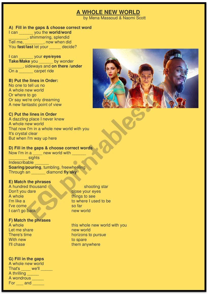 A whole new world - song worksheet