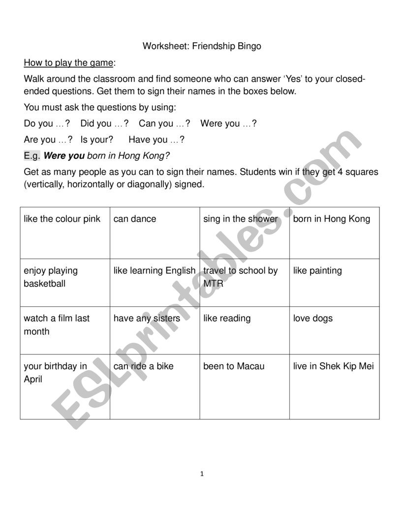 Bingo_friendship worksheet