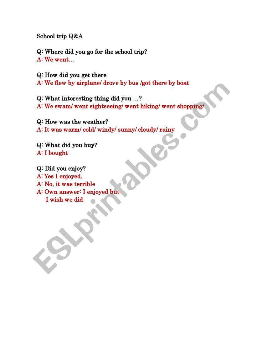 School trip dialogue questionnaire