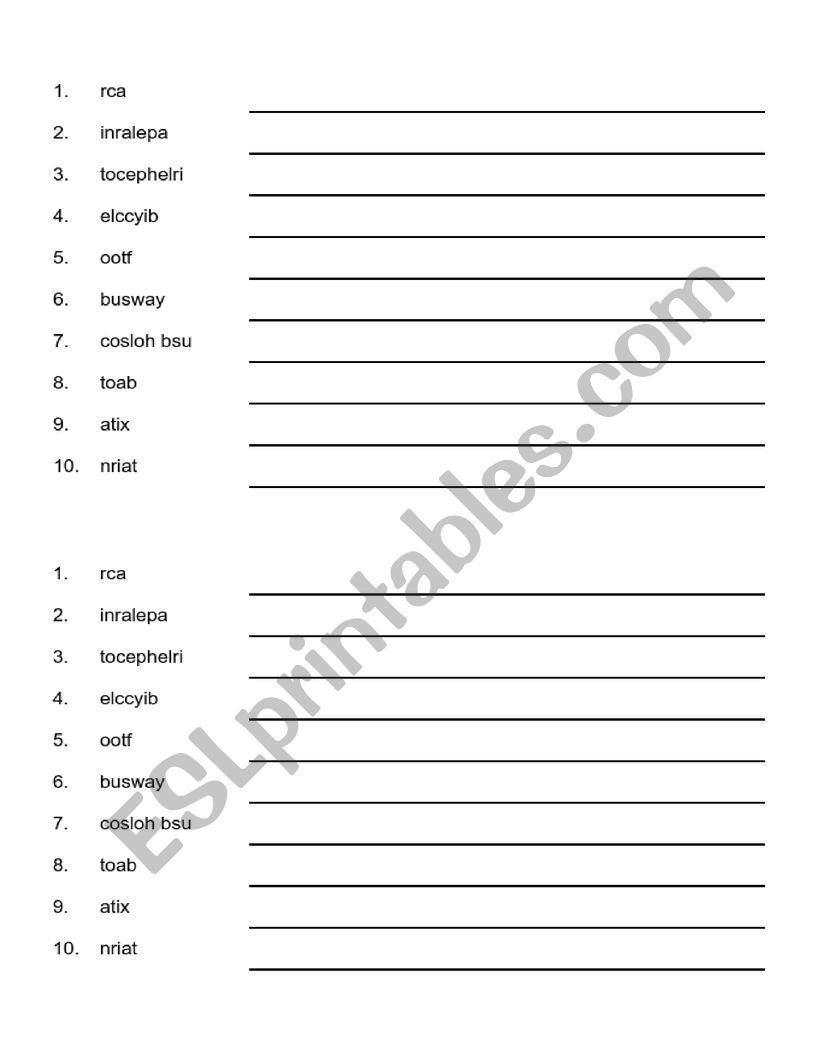 Transportation Unscramble worksheet