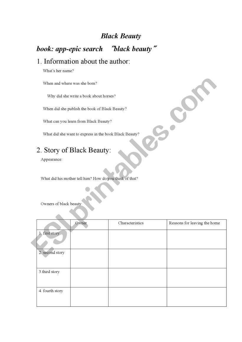 worksheet for black beauty worksheet