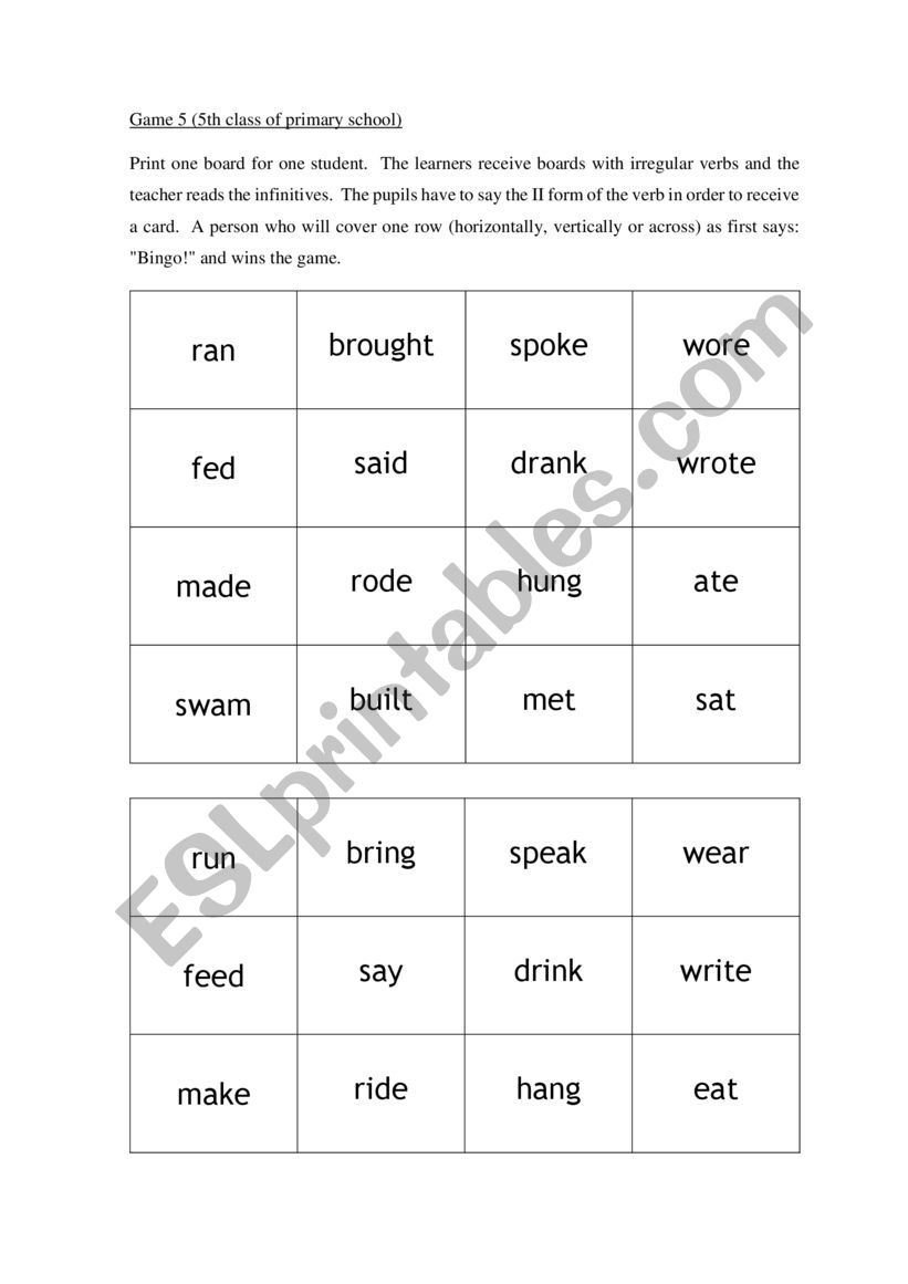 Past simple bingo game worksheet