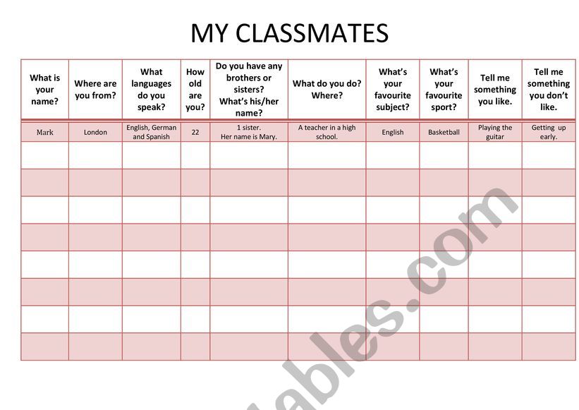 My classmates. Introductions with questions and answers