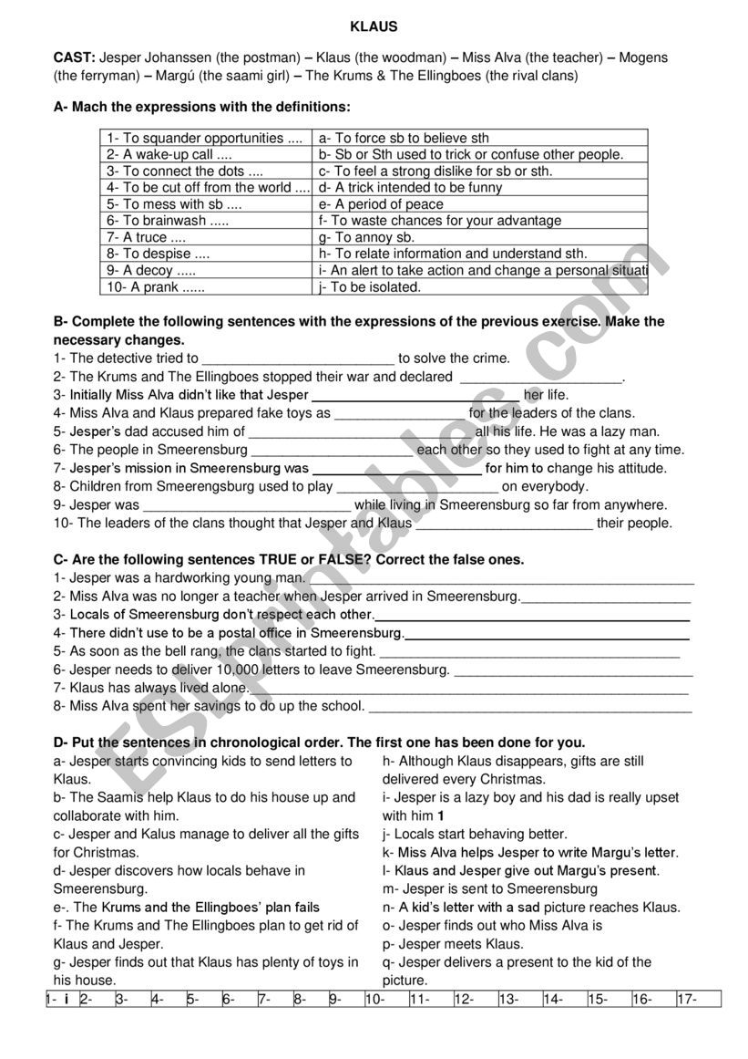 KLAUS WORKSHEET & KEY worksheet