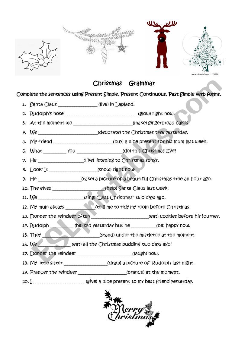 20 SENTENCES ABOUT XMAS VERBS TENSES 1 KEY included