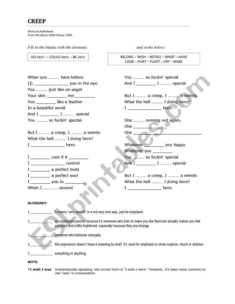 Creep, Radiohead worksheet