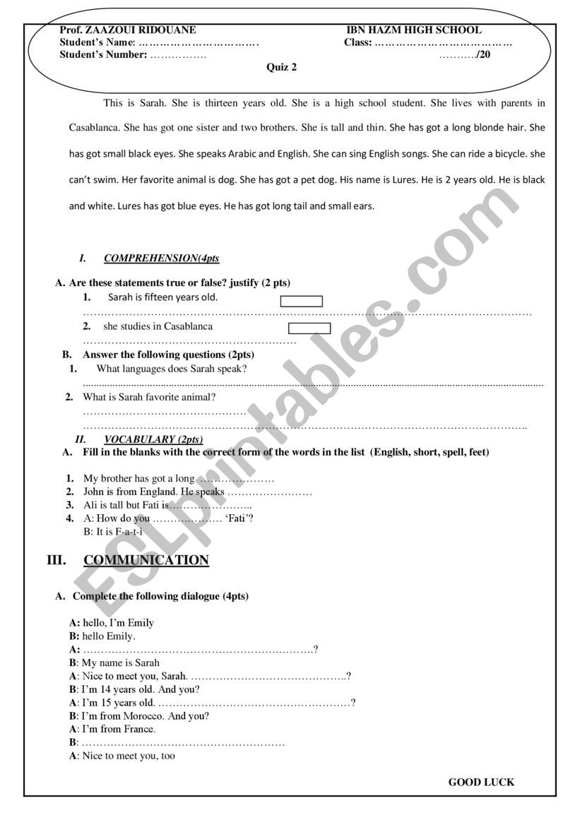 Sara introduction worksheet