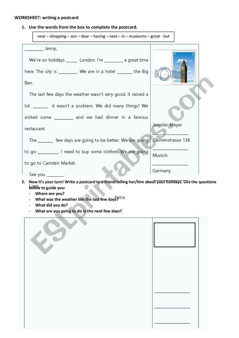 Writing a postcard worksheet