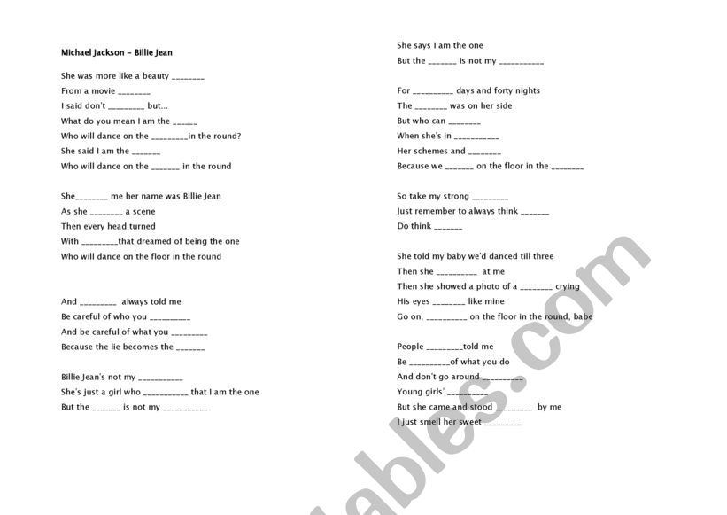 Billy jean worksheet