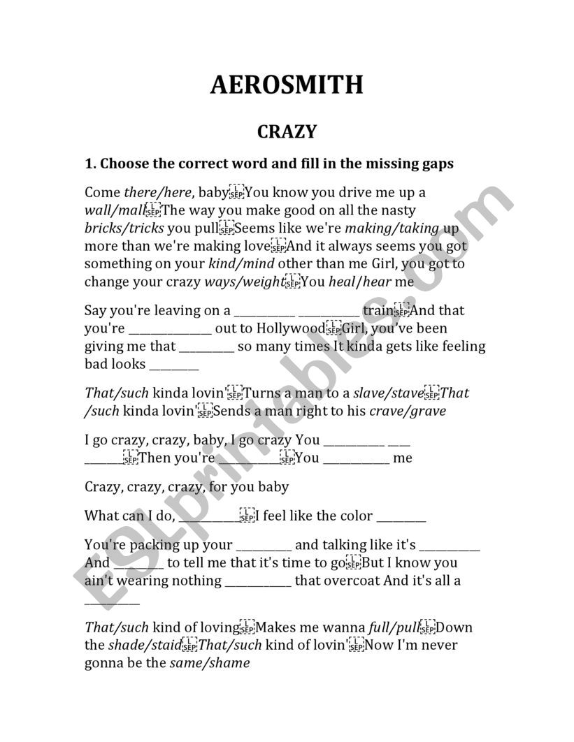 AEROSMITH - CRAZY worksheet