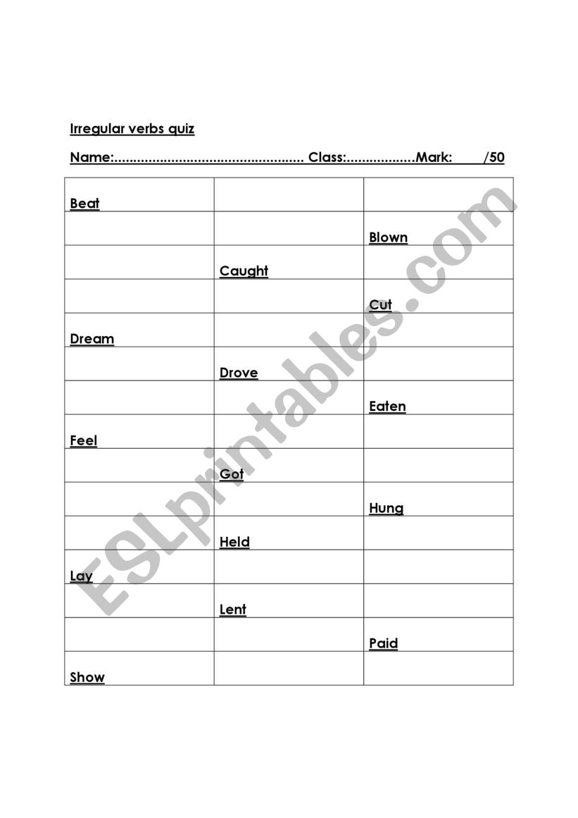 irregular verbs quiz worksheet