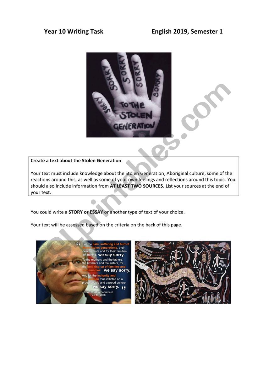 Stolen Generation Writing Task 