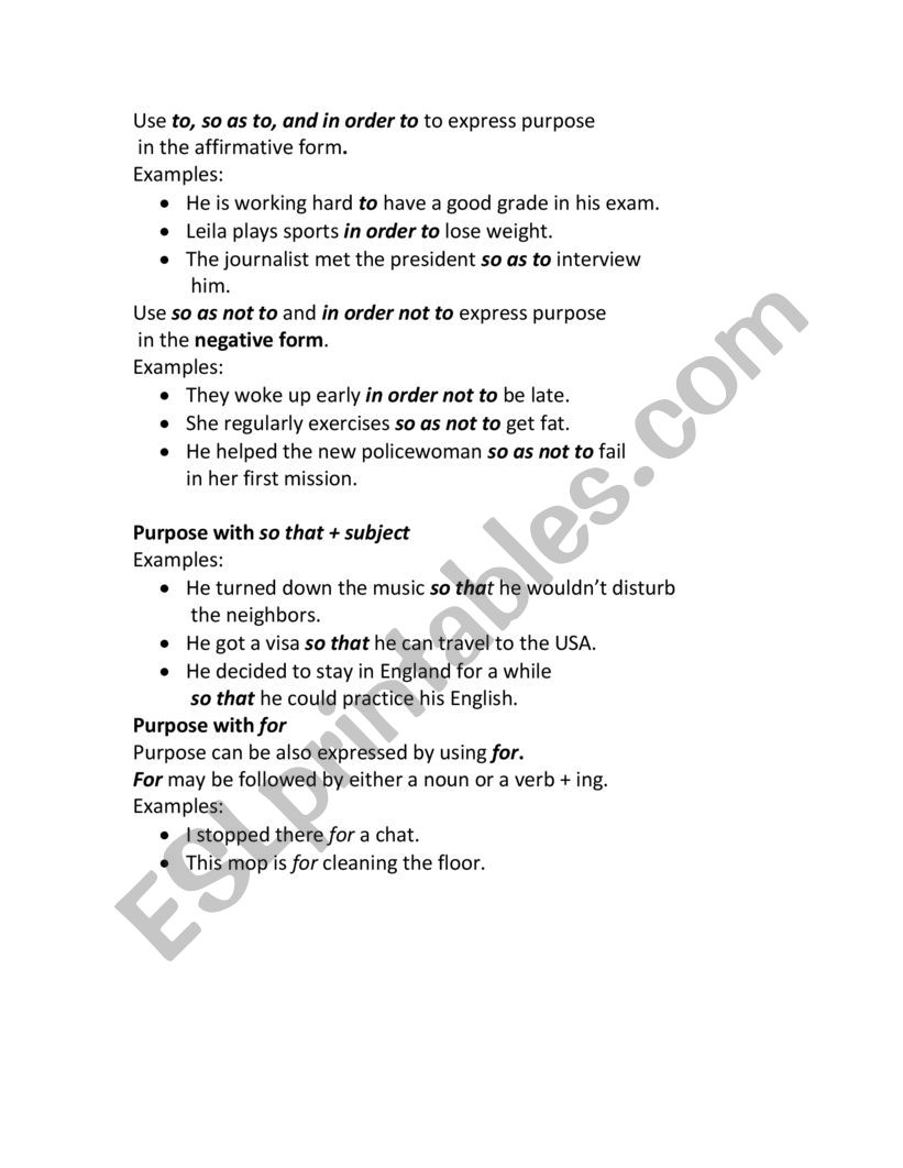 Expressing Purpose worksheet