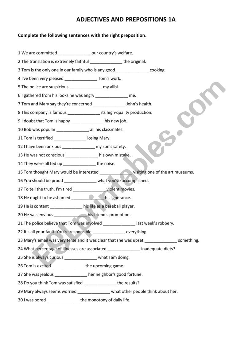 Adjectives and prepositions worksheet