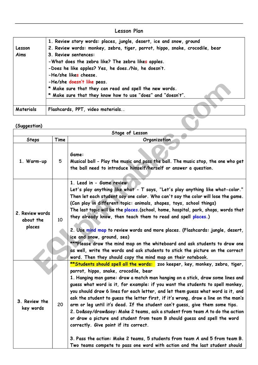 Lesson Plan  teaching about animals