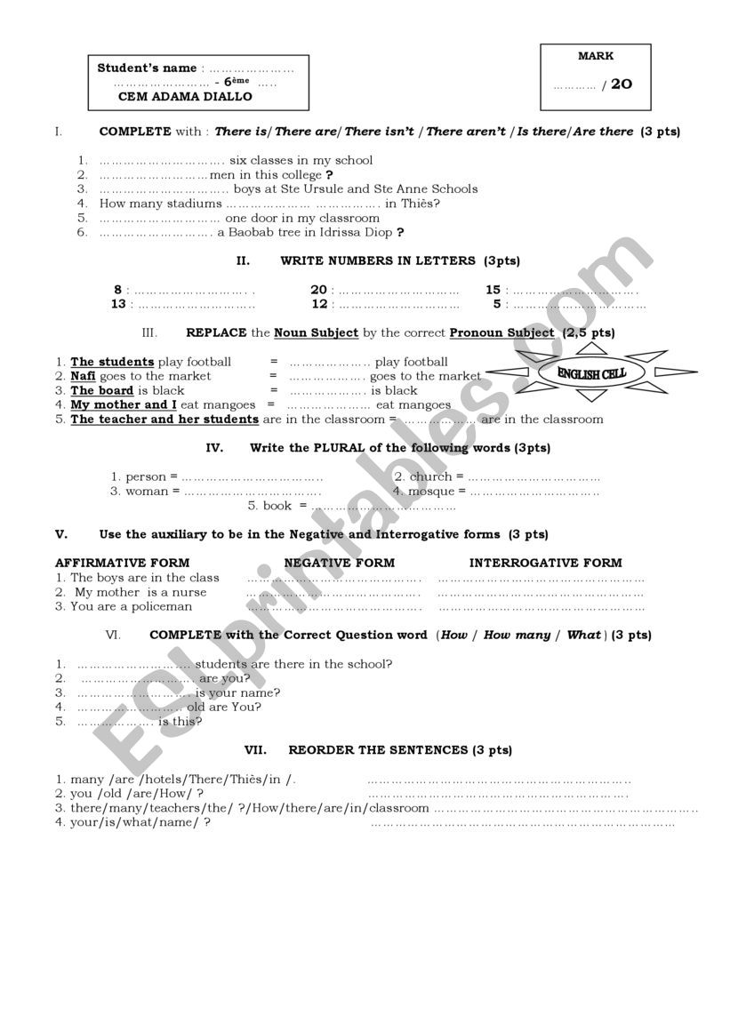 test for beginners worksheet