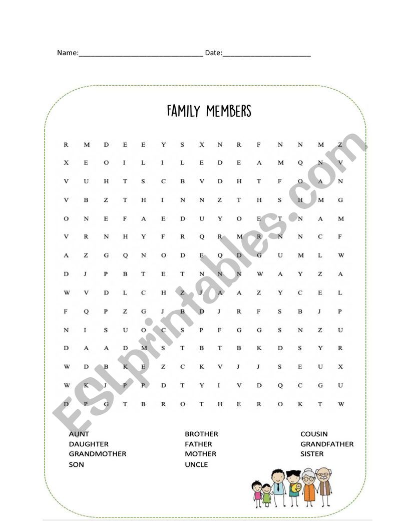 Family member word search puzzle