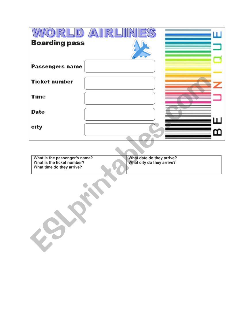 Boarding Pass worksheet