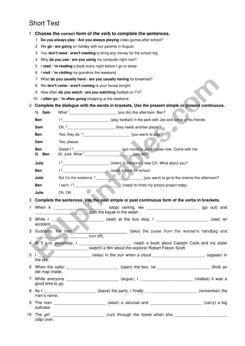 Test about present|past simple & continuous 