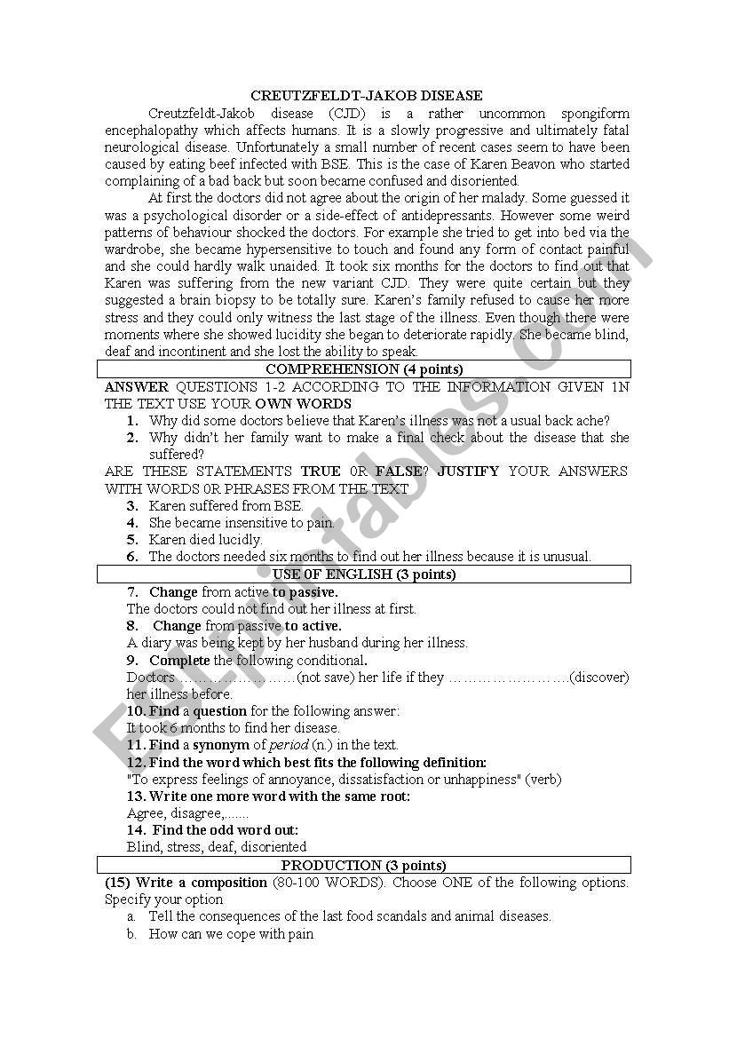 Creuzfeldt-Jackob disease worksheet