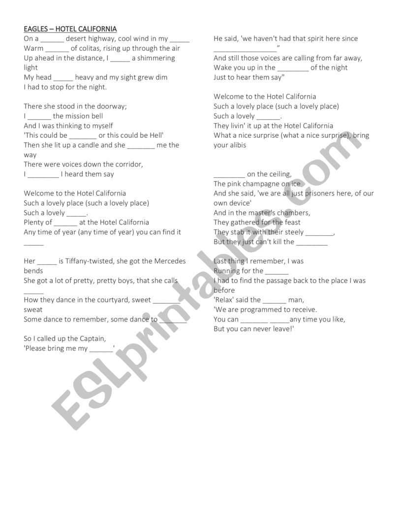 hotel California  worksheet worksheet
