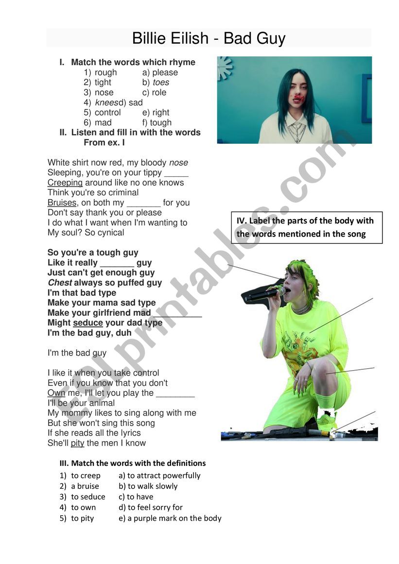 Bad guy -  Billie Eilish Song worksheet