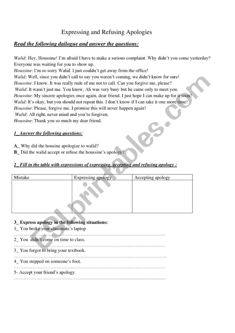 express apology  worksheet