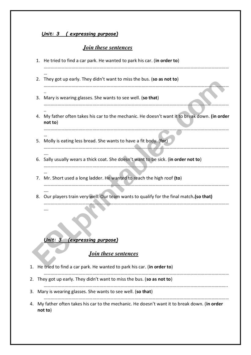 EXPRESSING PURPOSE worksheet