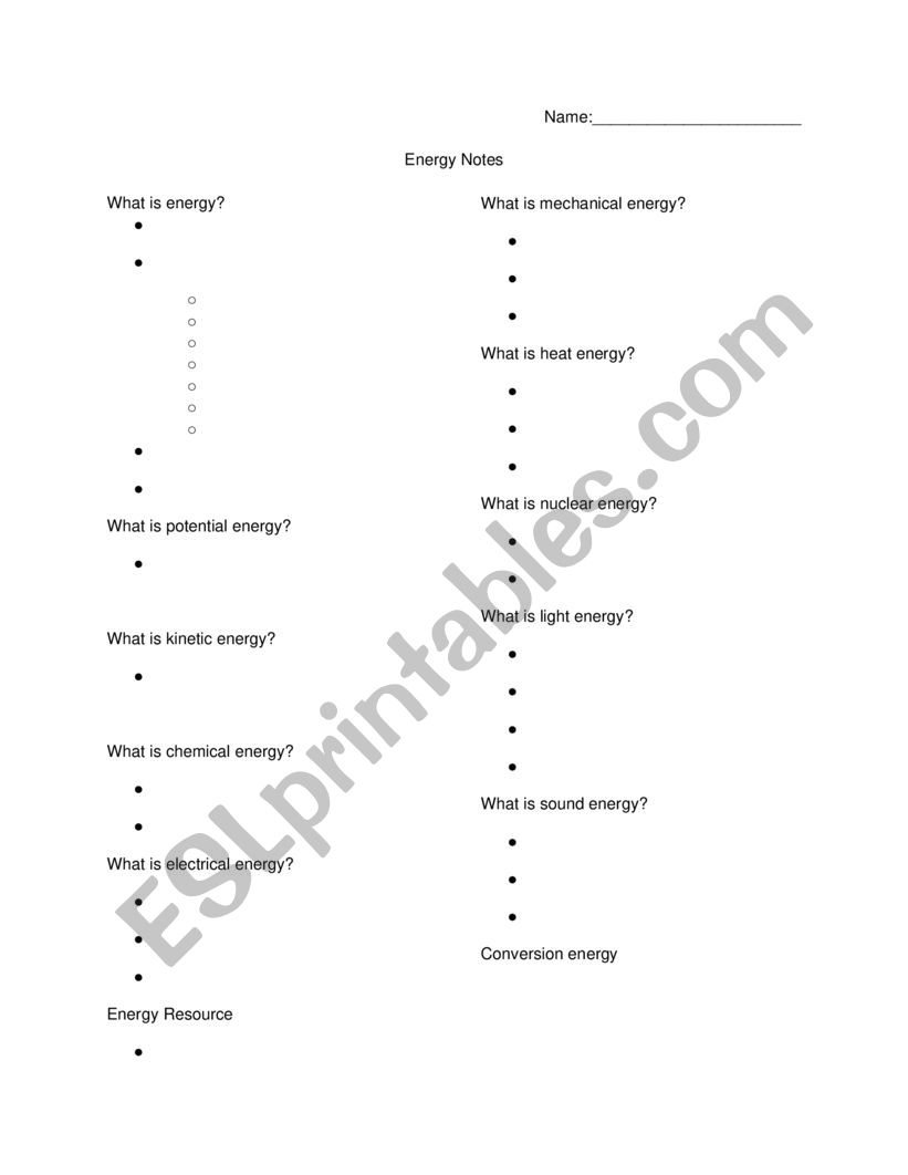 Energy Notes worksheet