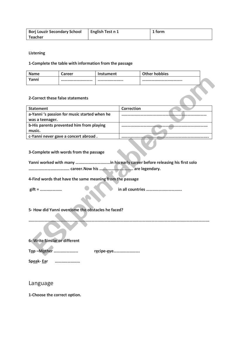 english test n 1  worksheet