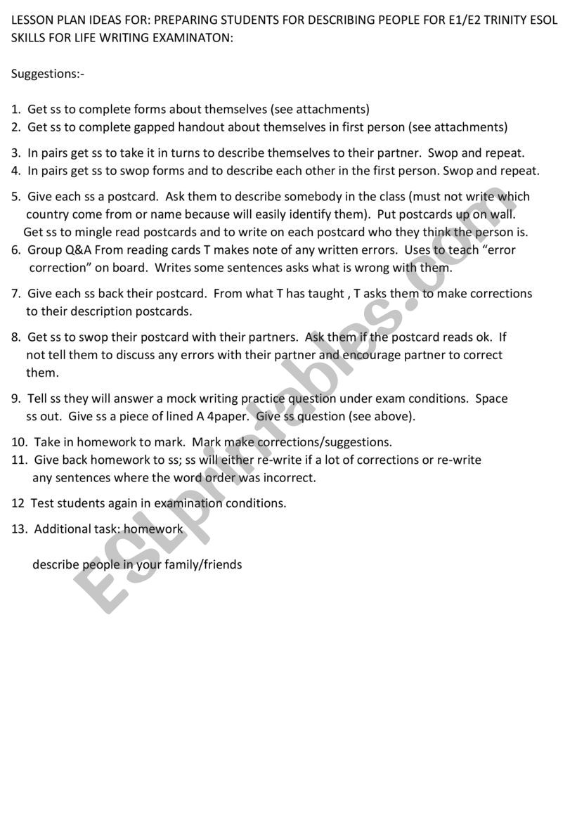 Trinity E1/E2 writing about people practice question exercises