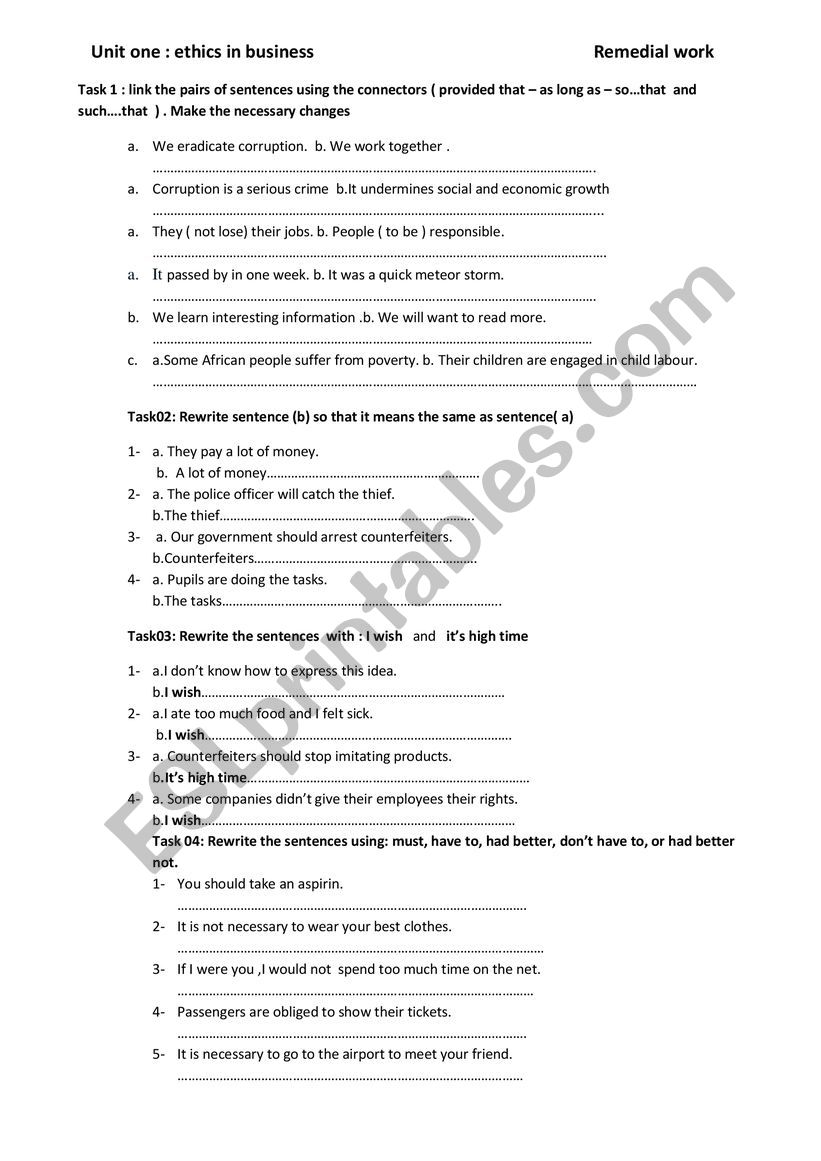 Ethics  in business  worksheet