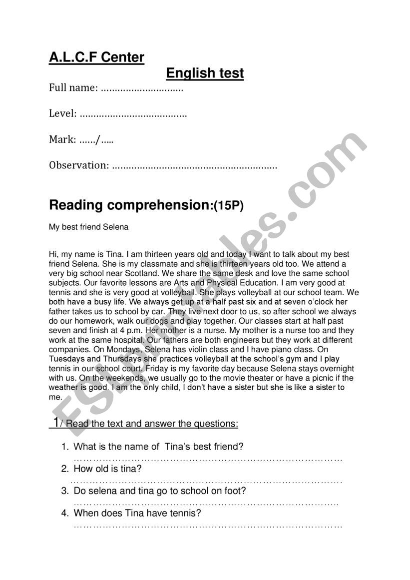 English test reading comprehension 