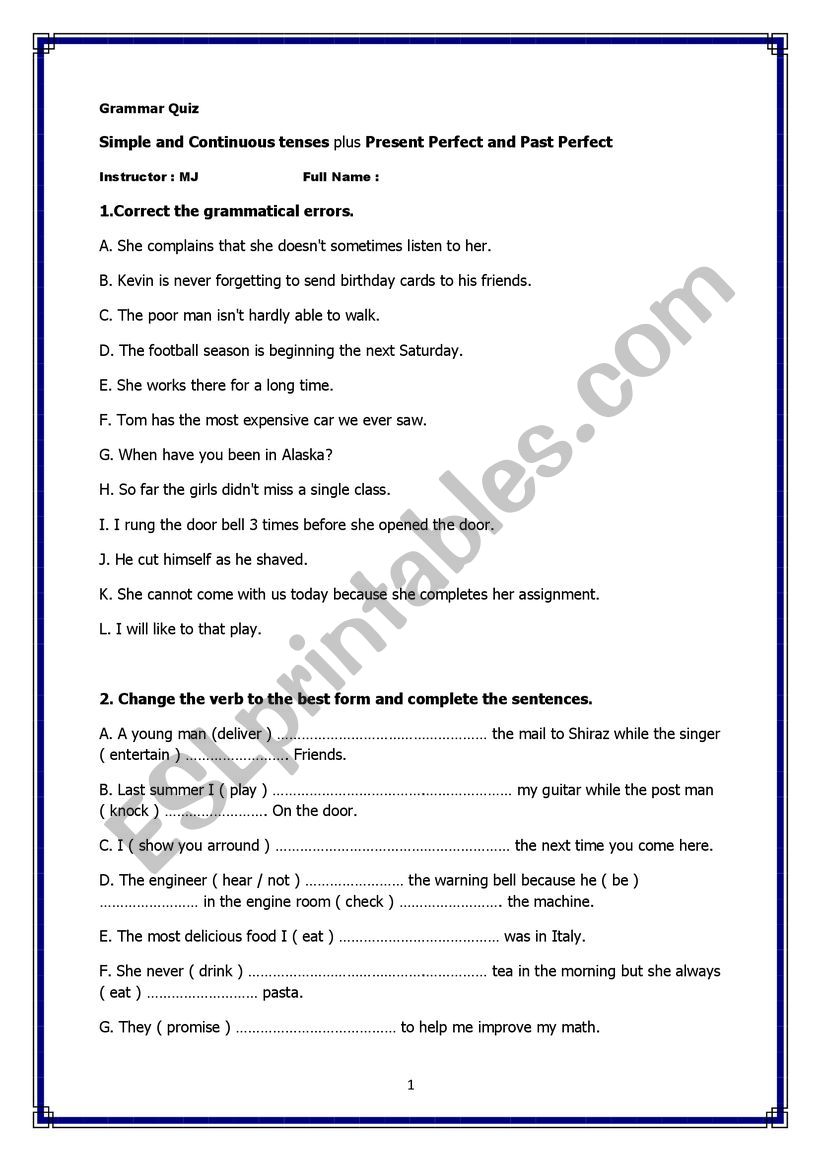 A great Tenses Quiz worksheet