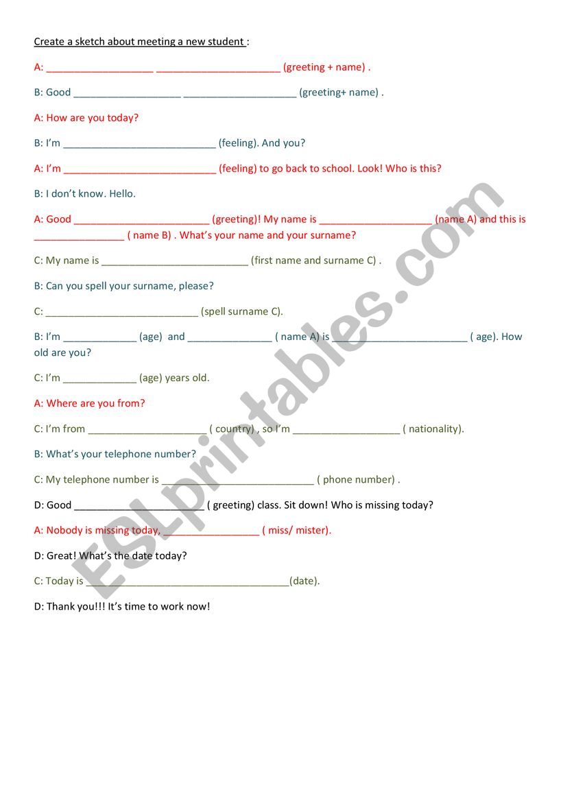 Sketch Meeting a new pupil worksheet