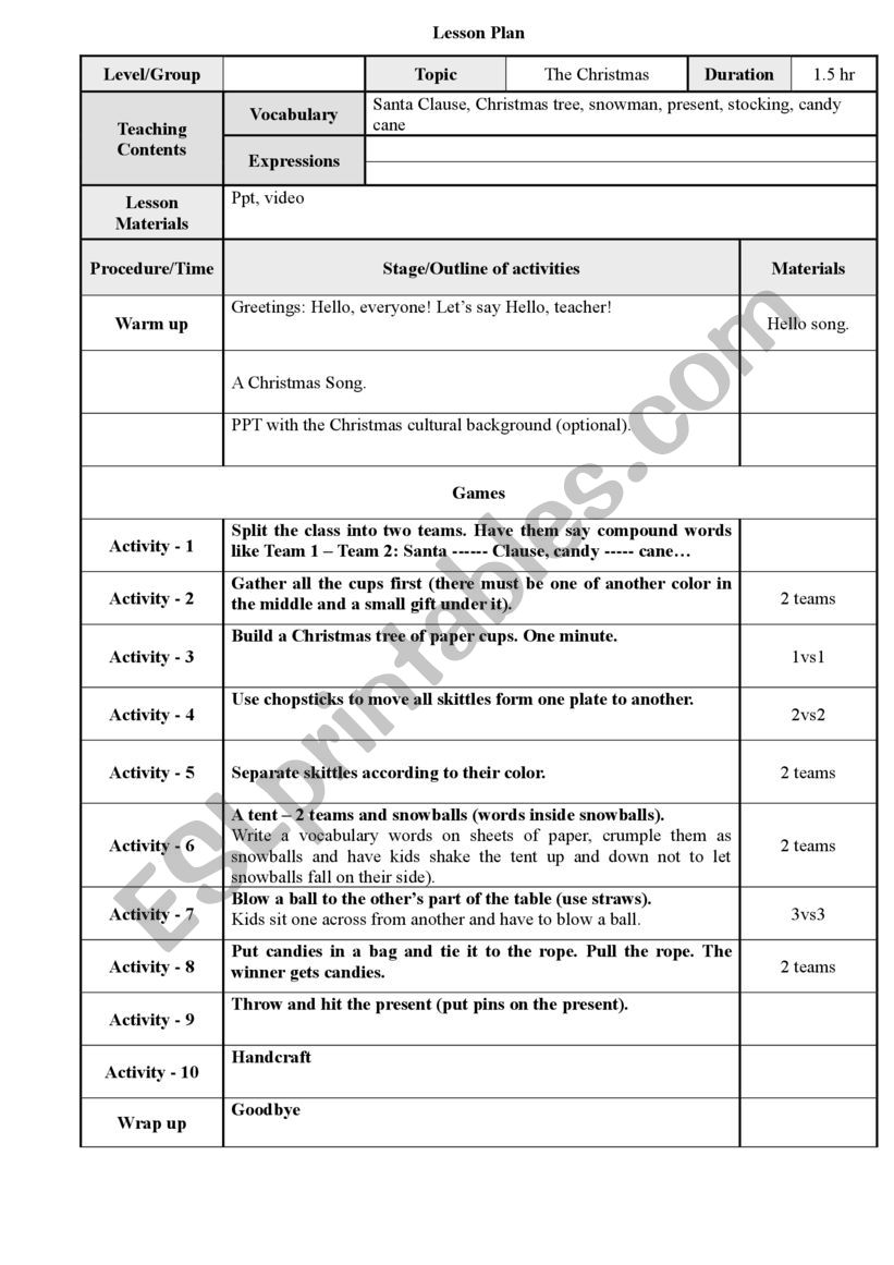 A lesson plan for a Christmas lesson.