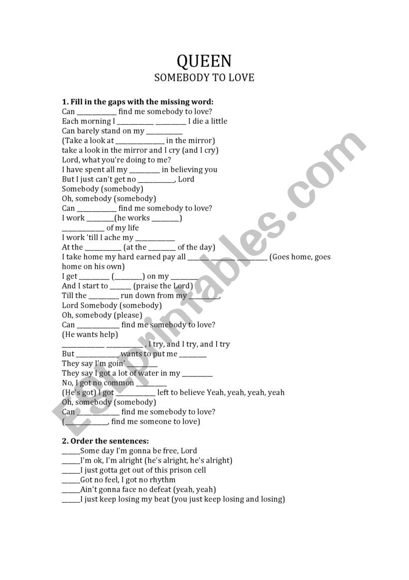 QUEEN - Somebody to love worksheet