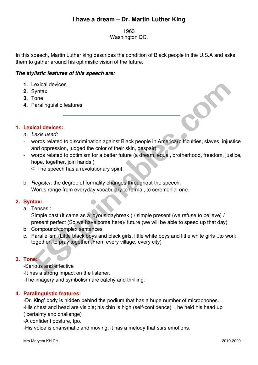 stylistic features of the speech I have a dream 