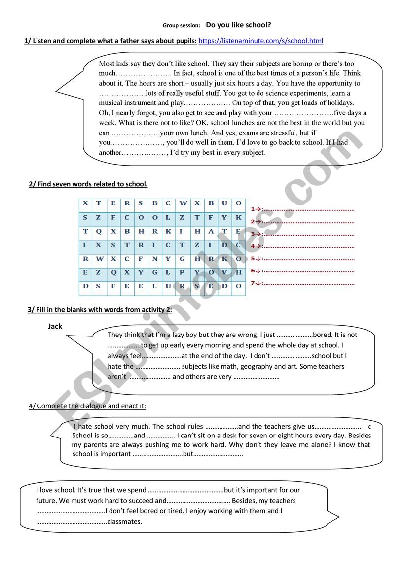 do you like school? worksheet