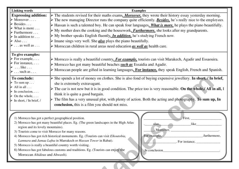 Linking word: Addition, giving examples and concluding