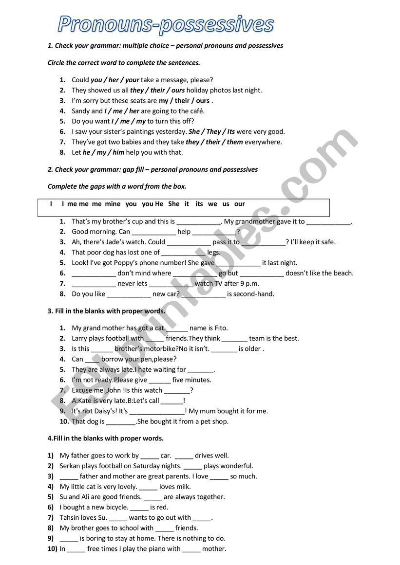 pronouns and possessives worksheet