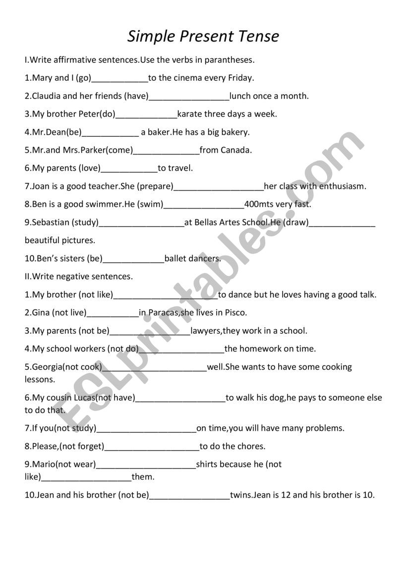 Present Tense Worksheets For Grade 8